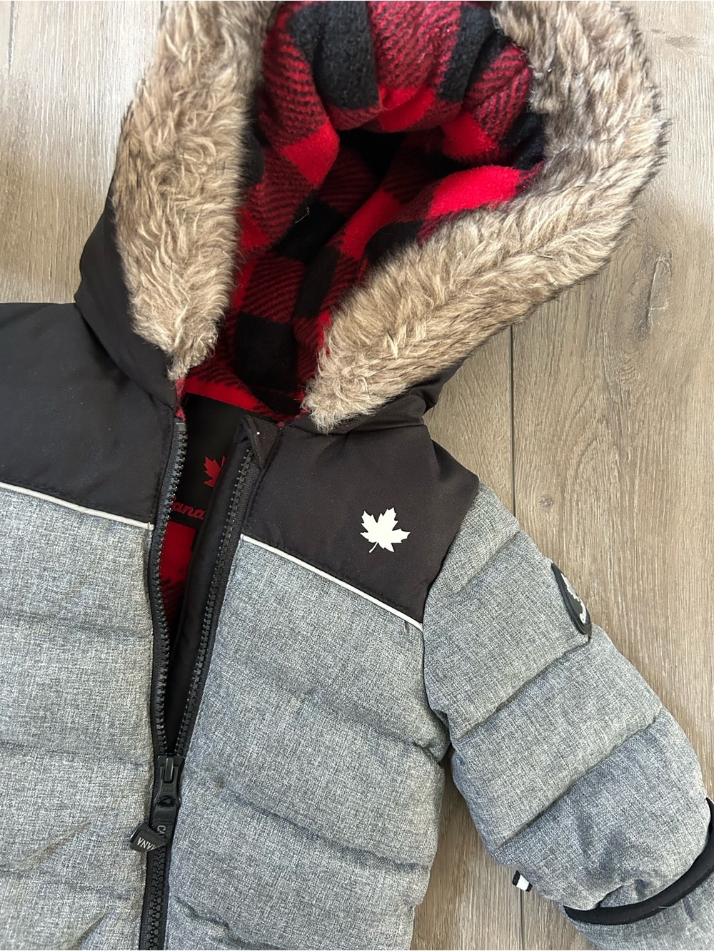 Canadiana Grey & Black Infant Hooded Winter Jacket with Red Lining (0-3M)